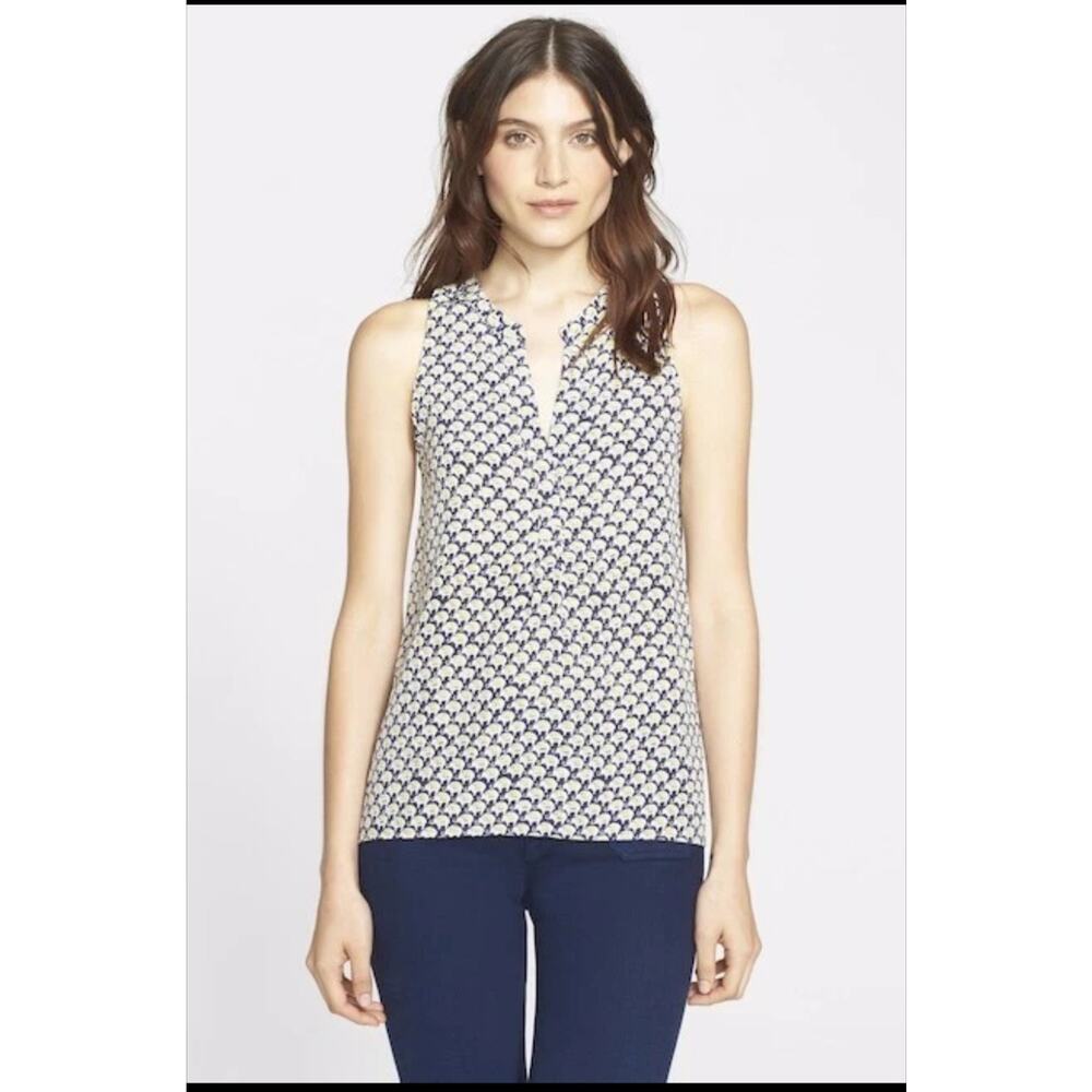JOIE Aruna Silk Blouse Sleeveless Navy Yellow Elephant Print Women's Size Small